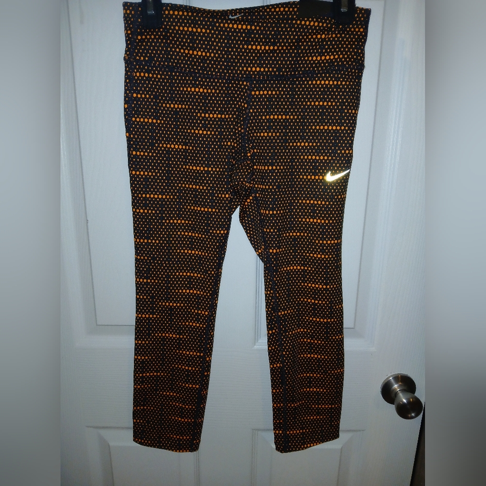 Nike Dri-FIT Running Cropped Leggings Womens Small Blk/Orange Athletic Capri